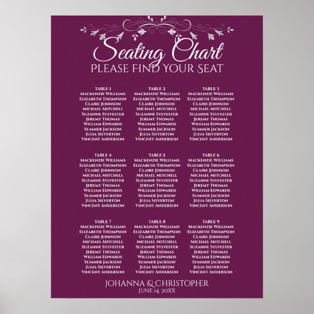 Silver on Cassis 9 Table Wedding Chart Poster (Vorne)