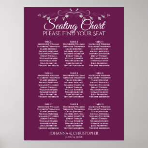 Silver on Cassis 9 Table Wedding Seating Chart Poster