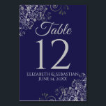 Silver on Navy Blue Elegant Filigree Wedding Tischnummer<br><div class="desc">Machen Sie Ihren Hochzeitsempfang mit diesen Tischnummern schön. Sie zeichnen sich durch ein schlichtes,  aber elegantes Design aus,  das auf einem marineblau-blauen Hintergrund mit einer kalt silbernen Imitat-Folie mit floralen Filigree in den Ecken aufwartet.</div>