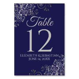 Silver on Navy Blue Elegant Filigree Wedding Tischnummer