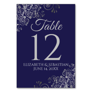 Silver on Navy Blue Elegant Filigree Wedding Tischnummer