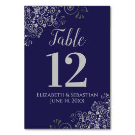 Silver on Navy Blue Elegant Frilly Wedding Tischnummer