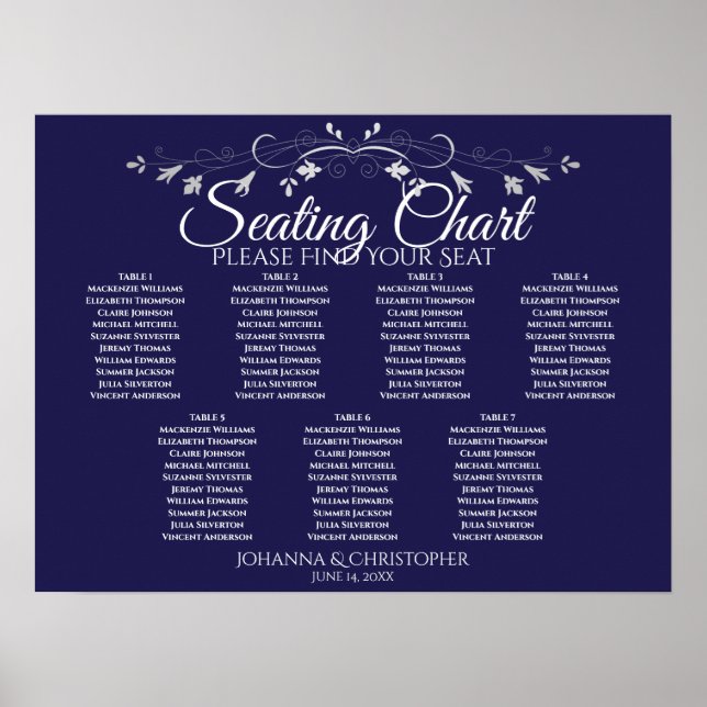 Silver on Navy Chic 7 Table Wedding Chart Poster (Vorne)
