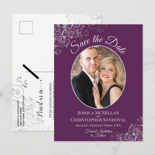 Silver on Plum Purple Wedding Save the Date Photo Ankündigungspostkarte (Vorne/Hinten)