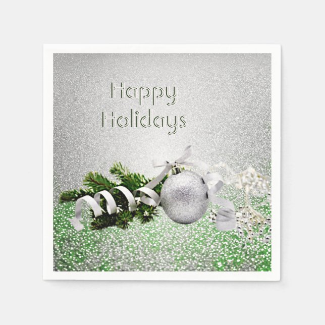 Silver Ornament White Ribbon Weihnachtsbuch Serviette (Vorderseite)