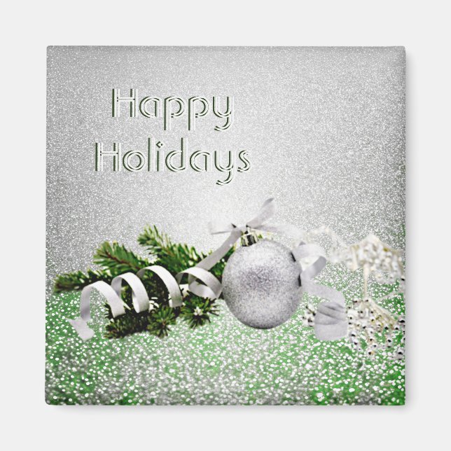 Silver Ornament White Ribbon Weihnachtsmagnet Magnet (Vorne)