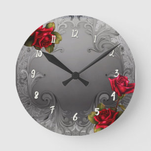 Silver Ornamental Vintage Fancy Red Roses Runde Wanduhr