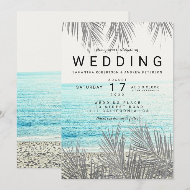 Silver Palm elegante Beach Foto Hochzeit Einladung (Vorne/Hinten)