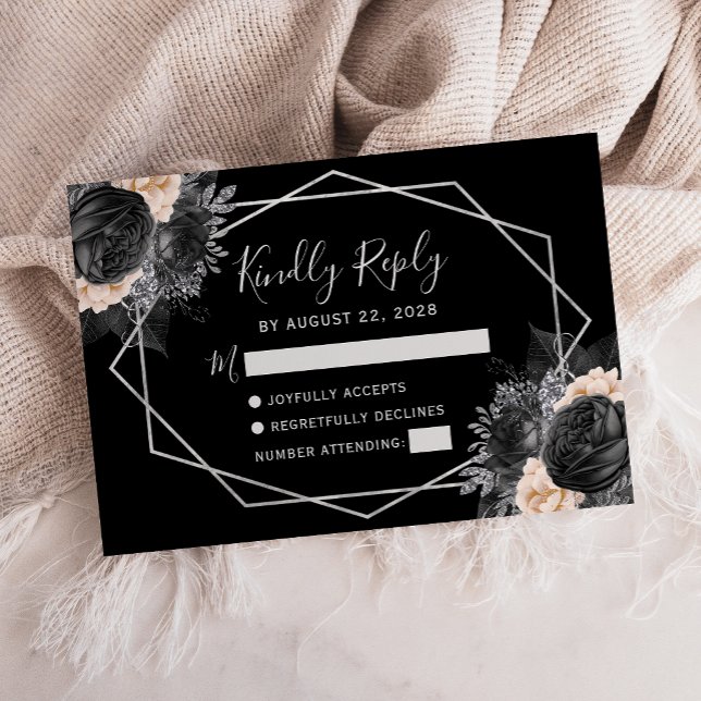 Silver Peach Black Floral Geometric RSVP Karte (Von Creator hochgeladen)