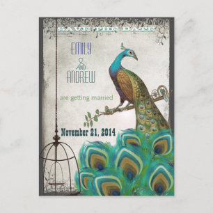Silver Peacock Feathers Birdcage Save the Date Ankündigungspostkarte