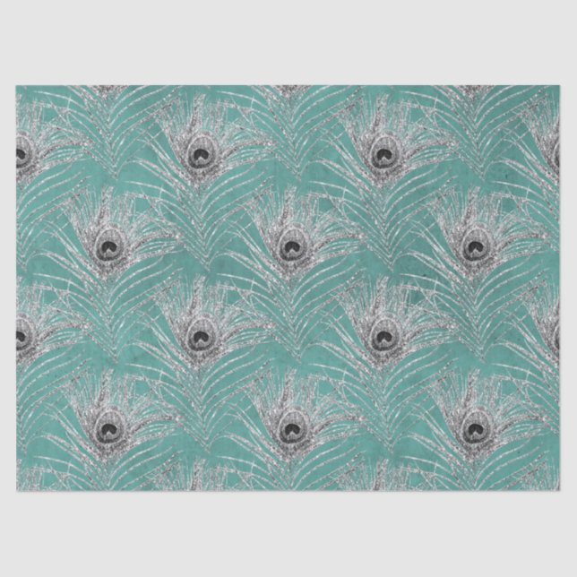 Silver Peacock Federn auf Aquamariner Decoupage Seidenpapier (Vorderseite)
