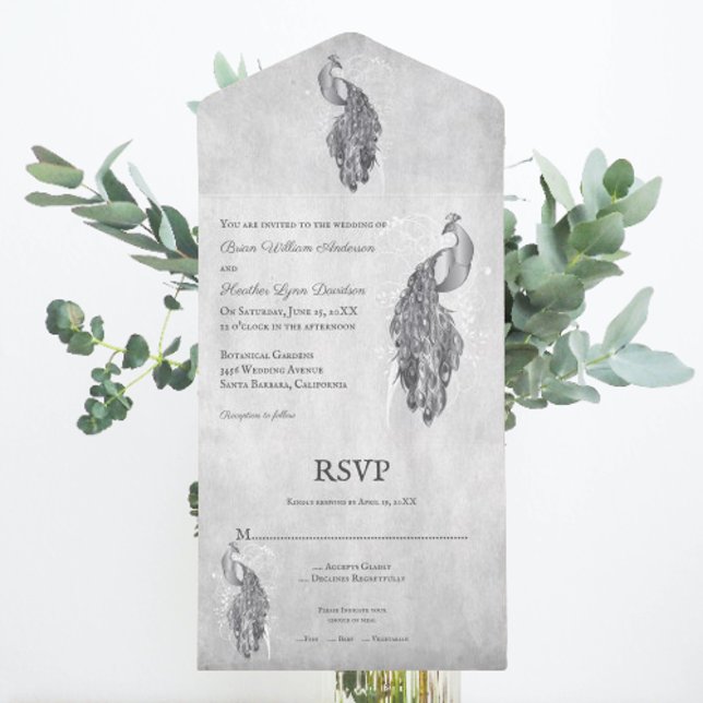 Silver Peacock Hochzeit in einer Einladung (Silver Peacock All in One Wedding Invite)