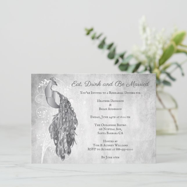 Silver Peacock Probe Dinner Einladung (Stehend Vorderseite)