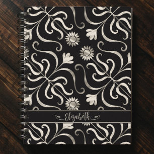 Silver Pearl Floral Damask Sonnenblume Klasse Schw Notizbuch