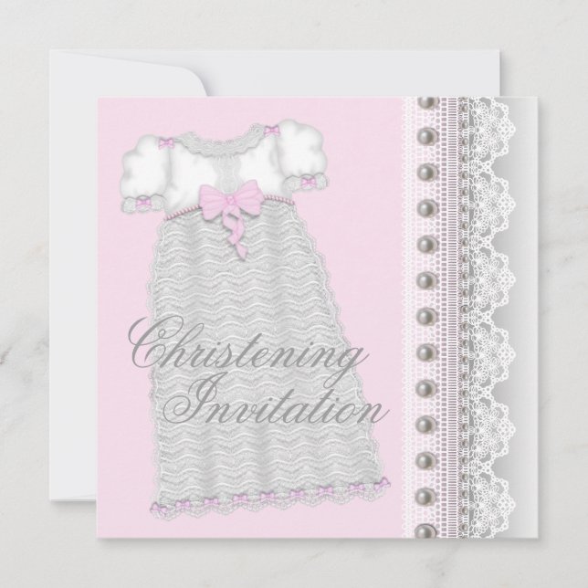 Silver Pearls Gown Baby Girl Pink Christening Einladung (Vorderseite)