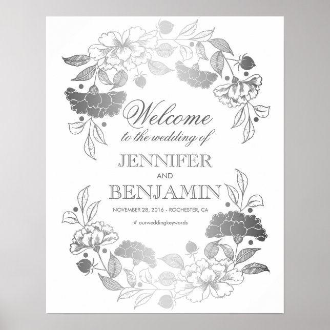 Silver Peonies Elegant Wreath Wedding Welcome Sign Poster (Vorne)