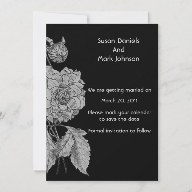 Silver Peony Black Blume Wedding Save the Date Einladung (Vorderseite)