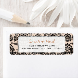 Silver Peony Black Damask Rücksendeadressen-Aufkle