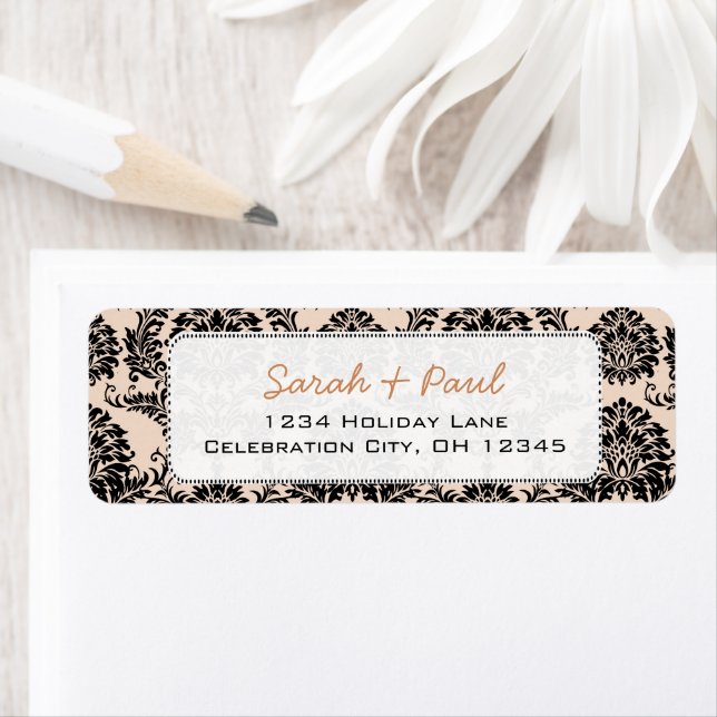 Silver Peony Black Damask Rücksendeadressen-Aufkle (Insitu)