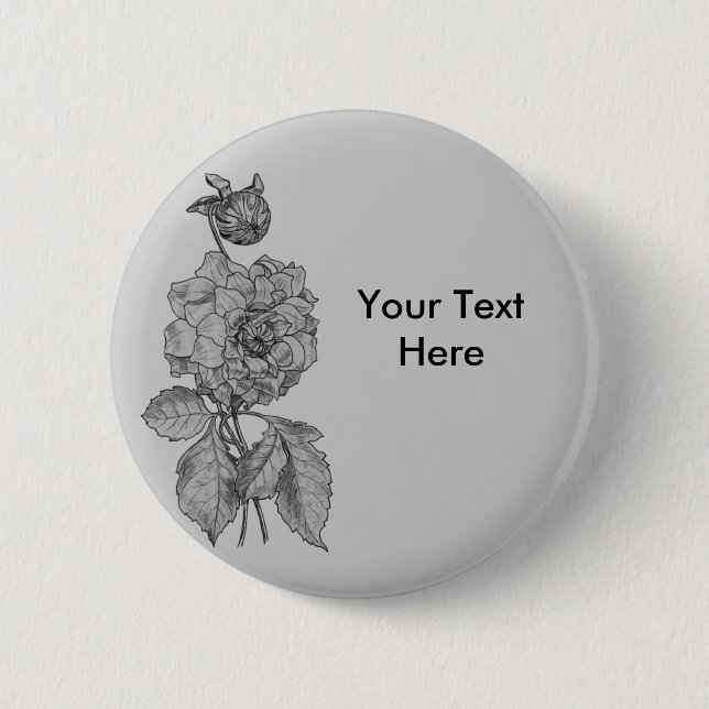 Silver Peony Blume on Gray Customizable Button (Vorderseite)