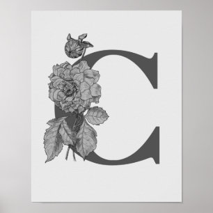 Silver Peony Elegant Monogram Initial C Poster
