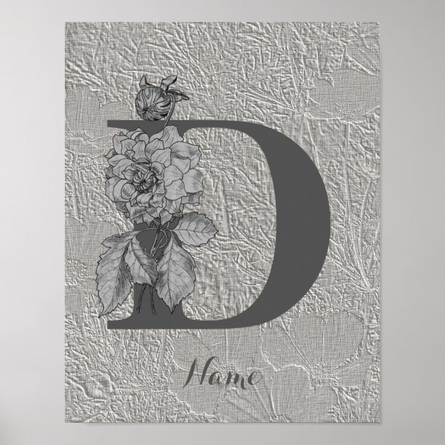 Silver Peony Elegant Monogram Initial D Your Name Poster (Vorne)