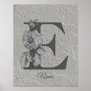 Silver Peony Elegant Monogram Initial E Your Name Poster