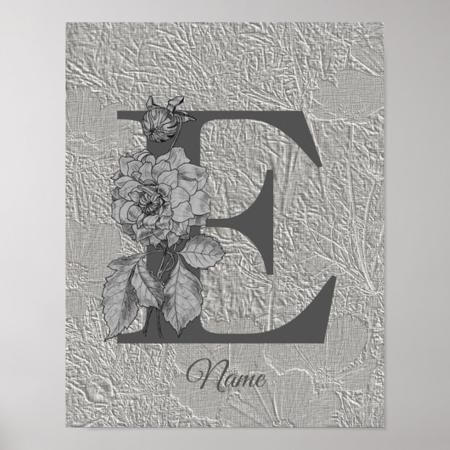 Silver Peony Elegant Monogram Initial E Your Name Poster (Vorne)