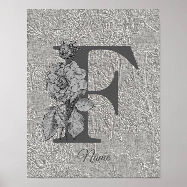 Silver Peony Elegant Monogram Initial F Your Name Poster (Vorne)