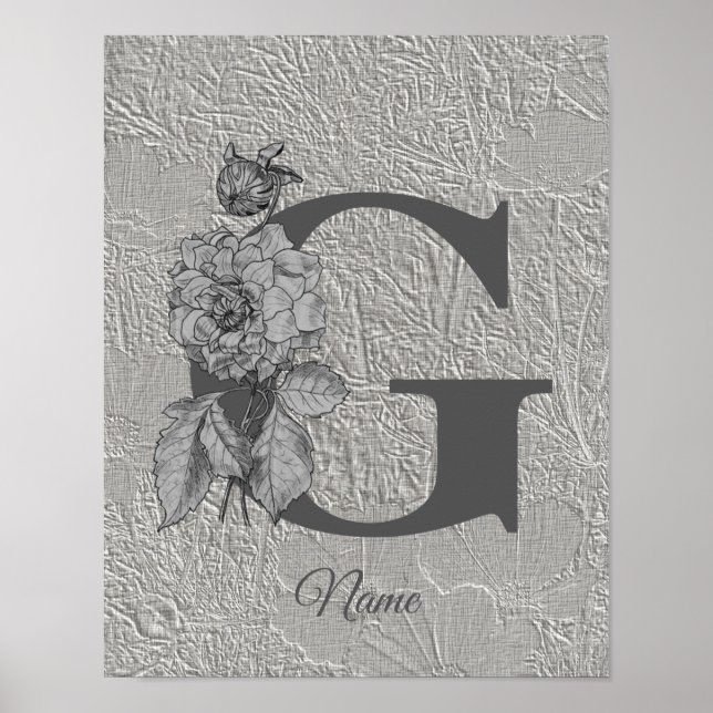 Silver Peony Elegant Monogram Initial G Your Name Poster (Vorne)