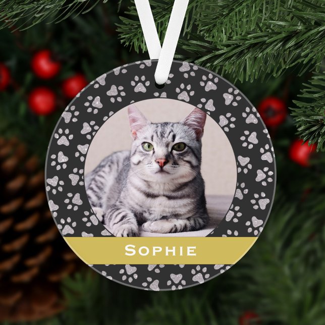 Silver Pet Paw Prints Gold Custom Cat Name Foto Ornament (Von Creator hochgeladen)