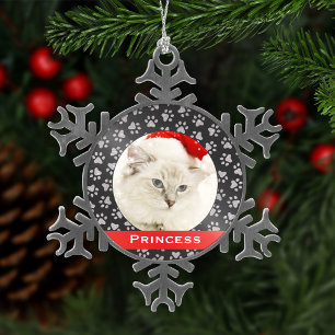 Silver Pet Paw Prints Red Custom Cat Name Foto Schneeflocken Zinn-Ornament