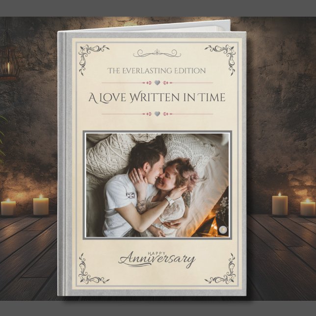 Silver Photo Book Themed Husband Anniversary Karte (This "Everlasting Edition" card is designed to resemble a high-end, silver-bound novel)