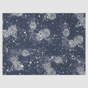 Silver Pinecones Snow Navy Blue Holiday Seidenpapier