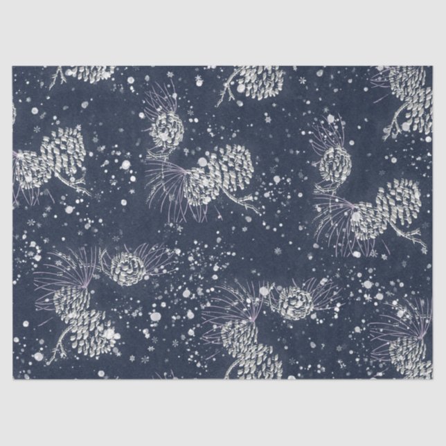 Silver Pinecones Snow Navy Blue Holiday Seidenpapier (Vorderseite)