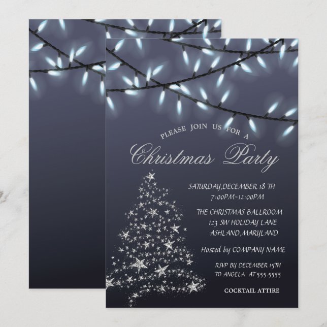 Silver PineTree,String Lights Christmas Party Einladung (Vorne/Hinten)