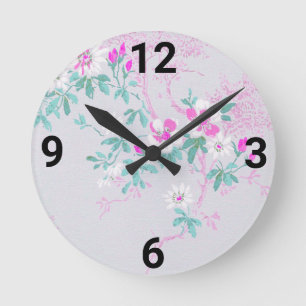 Silver Pink Aqua Floral Cherry Blossom WALL CLOCK Runde Wanduhr