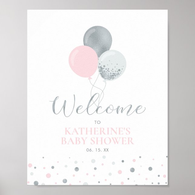 Silver & Pink Balloons | Girl Baby Dusche Willkomm Poster (Vorne)