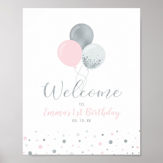 Silver & Pink Balloons | Mädchen 1. Geburtstag Wil Poster (Vorne)