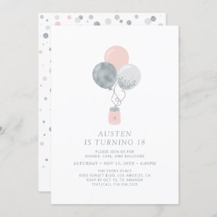 Silver & Pink Balloons Moderne 18. Geburtstagspart Einladung