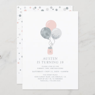Silver & Pink Balloons Moderne 18. Geburtstagspart Einladung