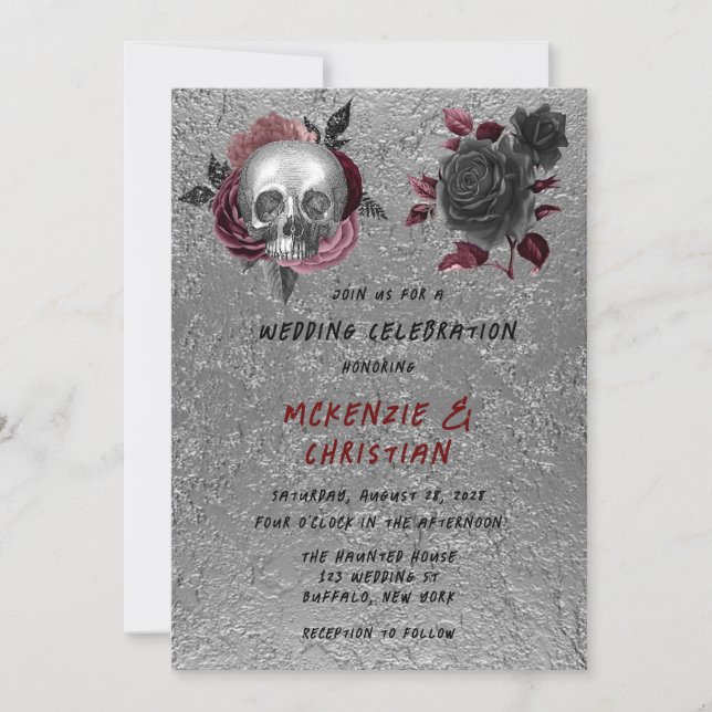 Silver Pink Black Skull Head Halloween Hochzeit Einladung (Vorderseite)