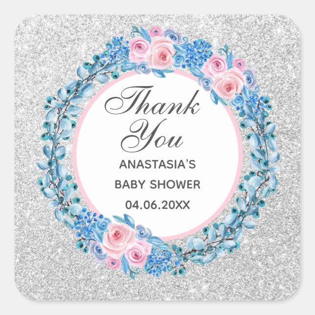 Silver Pink Blue Floral Rose Danke Baby Dusche Quadratischer Aufkleber (Vorderseite)