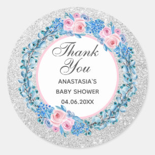 Silver Pink Blue Floral Rose Danke Baby Dusche Runder Aufkleber