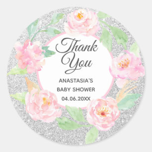 Silver & Pink Blumenstrauß Danke Baby Dusche Runder Aufkleber