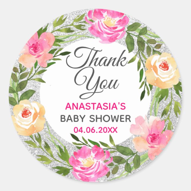 Silver & Pink Blumenstrauß Danke Baby Dusche Runder Aufkleber (Vorderseite)