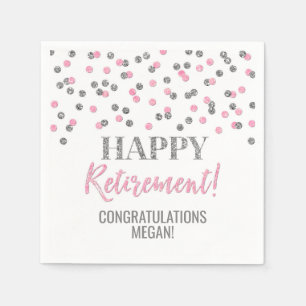 Silver Pink Confetti Happy Retirement Serviette