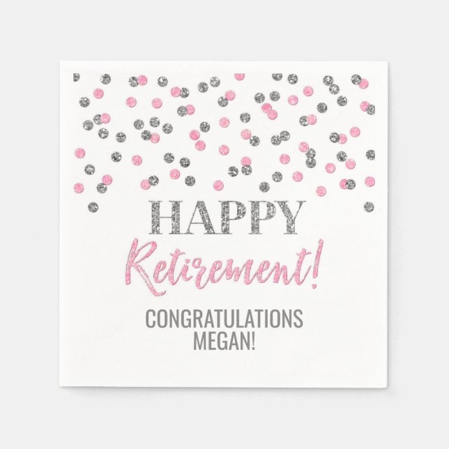 Silver Pink Confetti Happy Retirement Serviette (Vorderseite)
