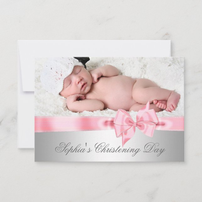 Silver Pink Damask Bow Girl Foto Christening Einladung (Vorderseite)