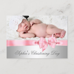 Silver Pink Damask Bow Girl Foto Christening Einladung